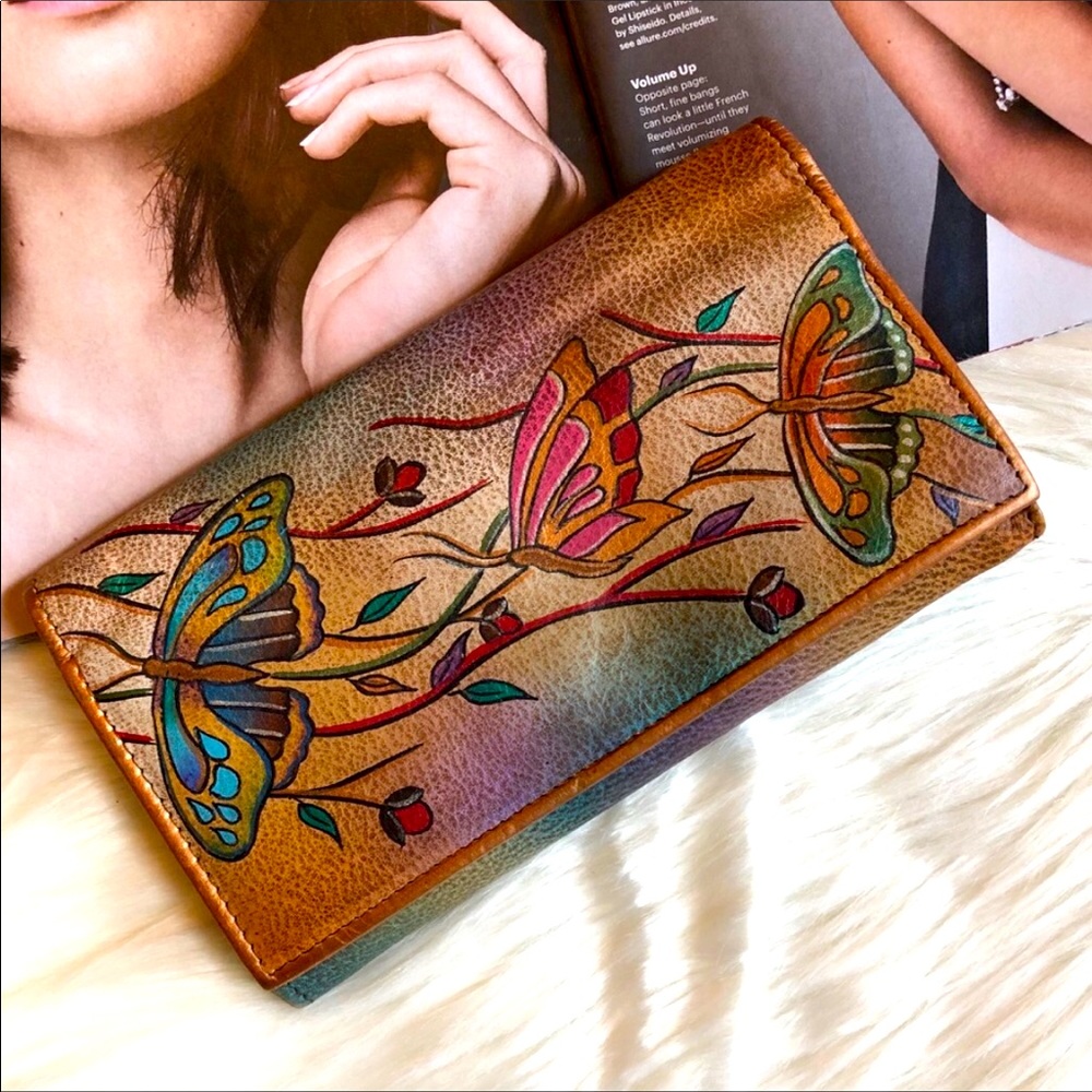 Anuschka Leather Painted Butterflies Floral Wallet
